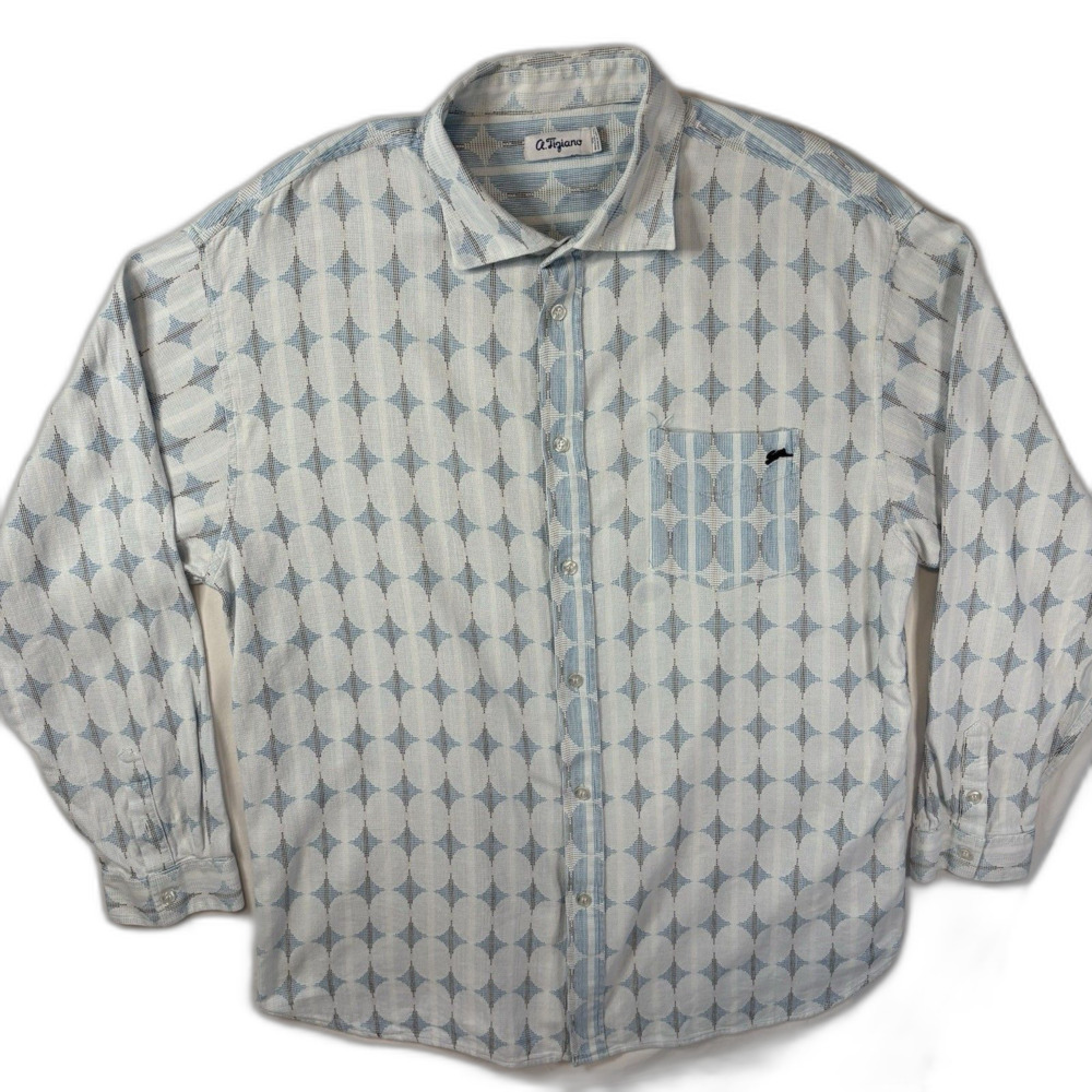 A.Tiziano Men's Size 3XL Blue/White Geometric Cotton Button-Up Pockets